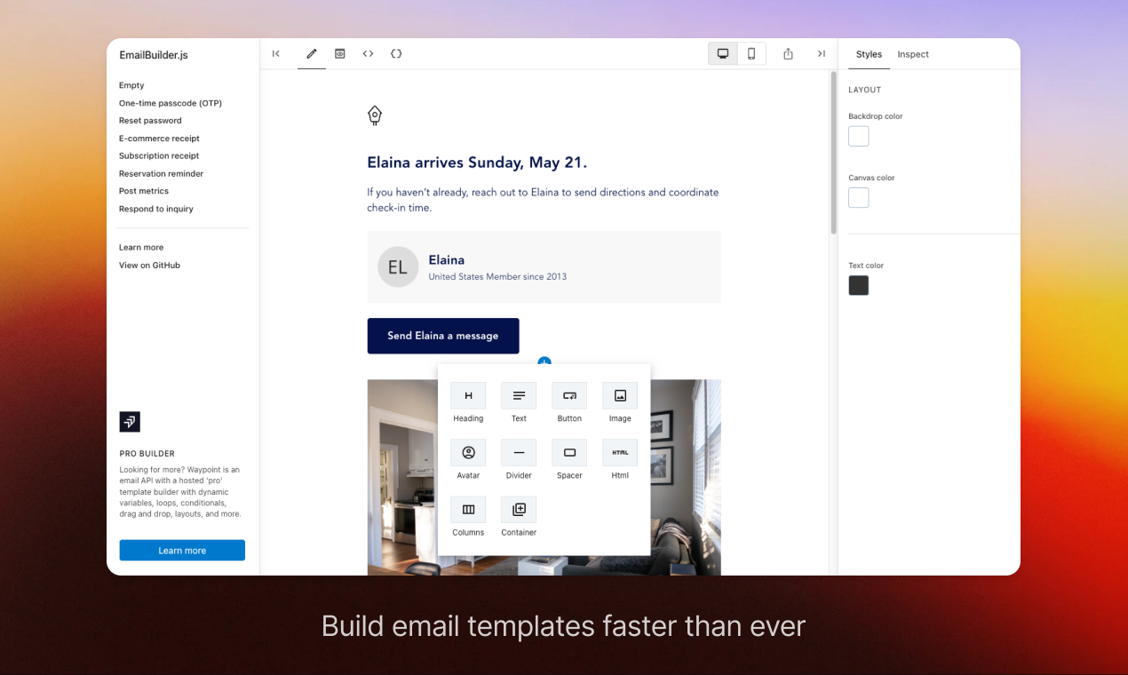 The Tiny Email builder: a block list on the left, a center canvas with an event-invite email, and the AI prompt box at the bottom