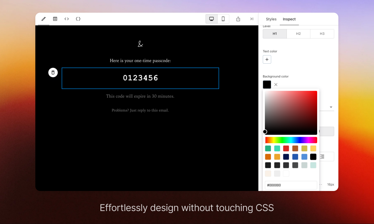 The Tiny Email designer: a dark email on the canvas with the floating island toolbar and the right Inspector panel open on styles and a color picker