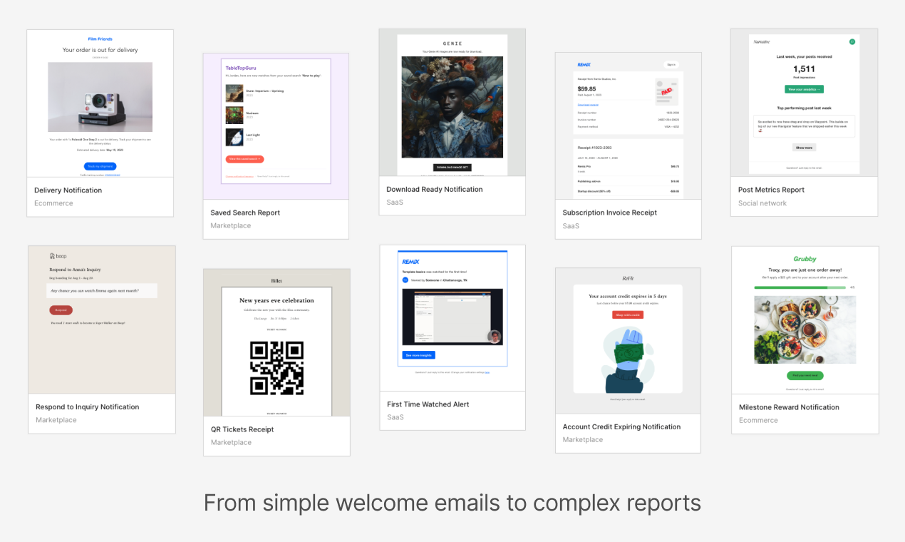 A gallery of nine rendered Tiny Email examples tagged by category: delivery notification, subscription invoice, saved-search report, QR tickets receipt and more