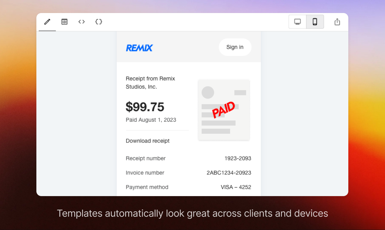 A receipt email with a paid stamp, shown with the desktop and mobile preview toggle in the Tiny Email editor