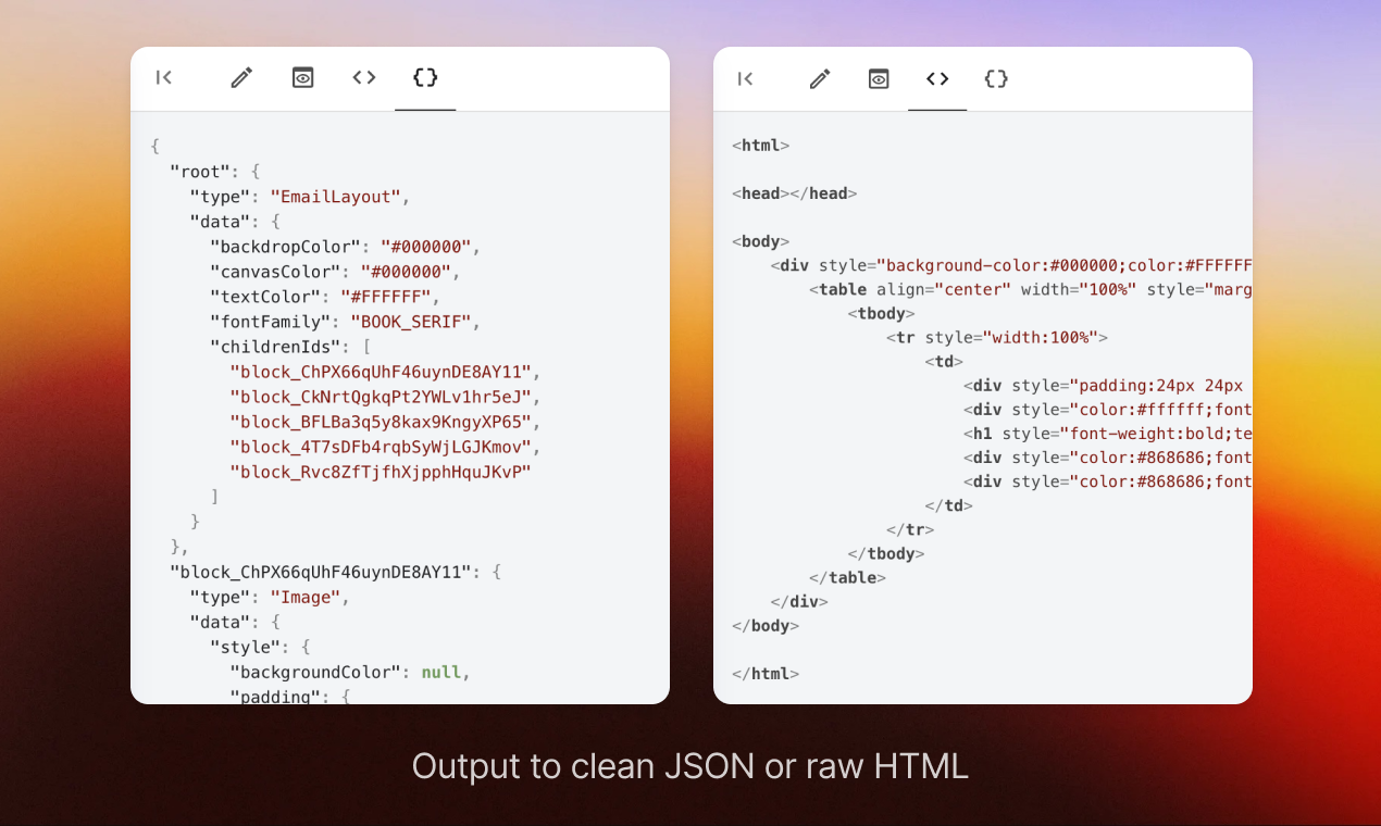 The same Tiny Email shown side by side as its saved structure and as ready-to-send email HTML