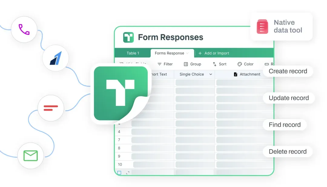 The Tiny Tables Form Responses grid as the native data tool, with create, update, find and delete record actions wired in from sibling Tiny Command products