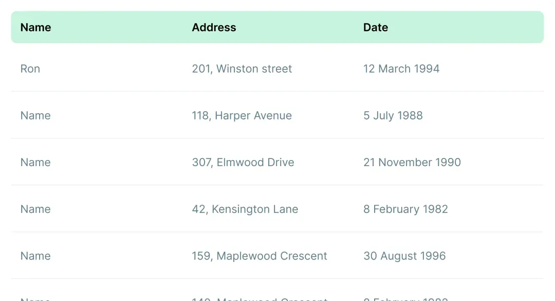 A Tiny Tables records grid with a mint-green pinned header and Name, Address and Date columns populated with real rows